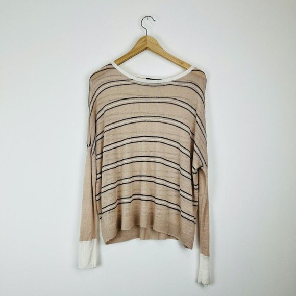 Me+Em Tops - Me+Em Peach Beige Striped Oversized Linen Blend Relaxed Fit Top UK S